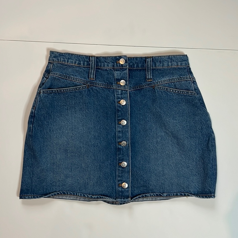 Madewell stretch blue denim A line jean skirt w buttons pockets sz 32 waist